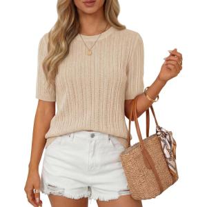 image:imageZESICA Womens Summer Short Sleeve Knit Tops 2026 Crewneck Crochet Sweater Tops for Women Casual Trendy Tunic BlousesApricot