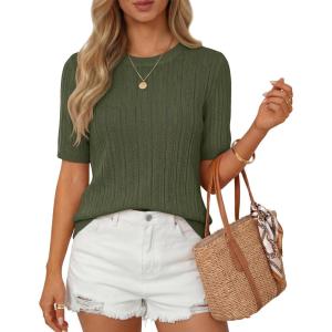 image:imageZESICA Womens Summer Short Sleeve Knit Tops 2026 Crewneck Crochet Sweater Tops for Women Casual Trendy Tunic BlousesArmy Green