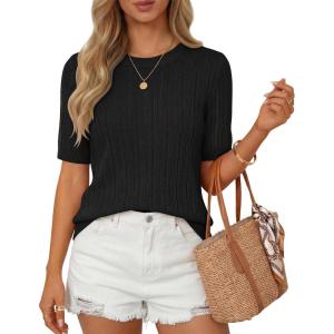 image:imageZESICA Womens Summer Short Sleeve Knit Tops 2026 Crewneck Crochet Sweater Tops for Women Casual Trendy Tunic BlousesBlack