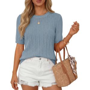 image:imageZESICA Womens Summer Short Sleeve Knit Tops 2026 Crewneck Crochet Sweater Tops for Women Casual Trendy Tunic BlousesBlue