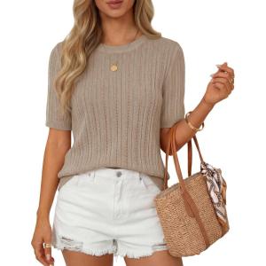 image:imageZESICA Womens Summer Short Sleeve Knit Tops 2026 Crewneck Crochet Sweater Tops for Women Casual Trendy Tunic BlousesKhaki