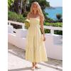 image:imageZESICA Womens 2026 Summer Boho Strapless Midi Dresses Off Shoulder Smocked Eyelet Wedding Guest Beach Long Dress PocketsBeige