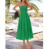 image:imageZESICA Womens 2026 Summer Boho Strapless Midi Dresses Off Shoulder Smocked Eyelet Wedding Guest Beach Long Dress PocketsGreen
