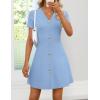 image:imageZESICA Womens Summer Short Sleeve Knit Mini Dress 2026 Casual V Neck Button Front Business Work Sweater Short DressesBlue