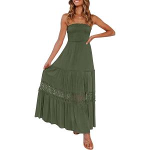 image:imageZESICA Womens 2026 Summer Boho Maxi Dresses Strapless Off Shoulder Lace Flowy A Line Beach Vacation Long SundressArmygreen
