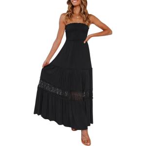 image:imageZESICA Womens 2026 Summer Boho Maxi Dresses Strapless Off Shoulder Lace Flowy A Line Beach Vacation Long SundressBlack
