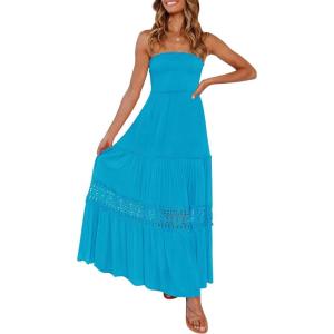 image:imageZESICA Womens 2026 Summer Boho Maxi Dresses Strapless Off Shoulder Lace Flowy A Line Beach Vacation Long SundressCobalt