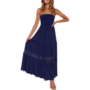 image:imageZESICA Womens 2026 Summer Boho Maxi Dresses Strapless Off Shoulder Lace Flowy A Line Beach Vacation Long SundressNavy