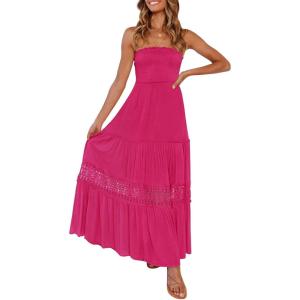 image:imageZESICA Womens 2026 Summer Boho Maxi Dresses Strapless Off Shoulder Lace Flowy A Line Beach Vacation Long SundressRose