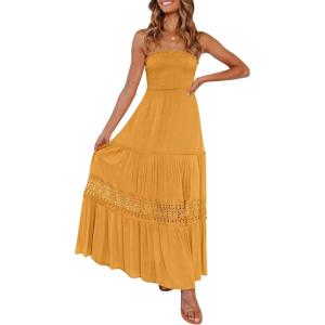 image:imageZESICA Womens 2026 Summer Boho Maxi Dresses Strapless Off Shoulder Lace Flowy A Line Beach Vacation Long SundressYellow