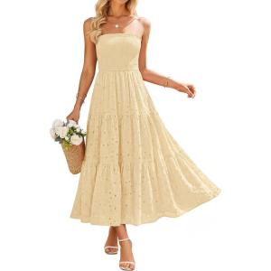 image:imageZESICA Womens 2026 Summer Boho Strapless Midi Dresses Off Shoulder Smocked Eyelet Wedding Guest Beach Long Dress PocketsBeige