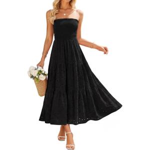image:imageZESICA Womens 2026 Summer Boho Strapless Midi Dresses Off Shoulder Smocked Eyelet Wedding Guest Beach Long Dress PocketsBlack