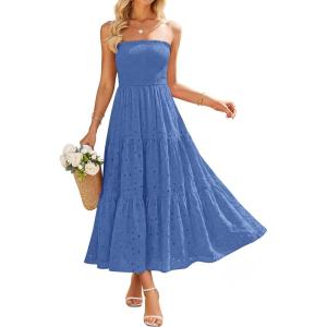 image:imageZESICA Womens 2026 Summer Boho Strapless Midi Dresses Off Shoulder Smocked Eyelet Wedding Guest Beach Long Dress PocketsDustyblue