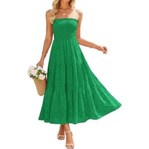 image:imageZESICA Womens 2026 Summer Boho Strapless Midi Dresses Off Shoulder Smocked Eyelet Wedding Guest Beach Long Dress PocketsGreen