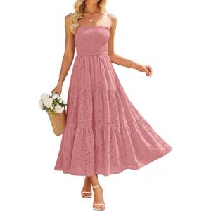 image:imageZESICA Womens 2026 Summer Boho Strapless Midi Dresses Off Shoulder Smocked Eyelet Wedding Guest Beach Long Dress PocketsPink