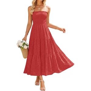 image:imageZESICA Womens 2026 Summer Boho Strapless Midi Dresses Off Shoulder Smocked Eyelet Wedding Guest Beach Long Dress PocketsWatermelon