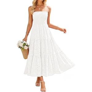 image:imageZESICA Womens 2026 Summer Boho Strapless Midi Dresses Off Shoulder Smocked Eyelet Wedding Guest Beach Long Dress PocketsWhite