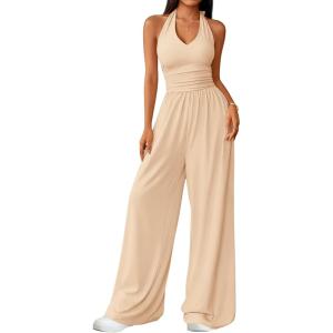 image:imageZESICA Womens Summer 2026 Sleeveless Halter Neck Jumpsuits One Piece Wide Leg Jumper Rompers Beach Vacation OutfitsApricot