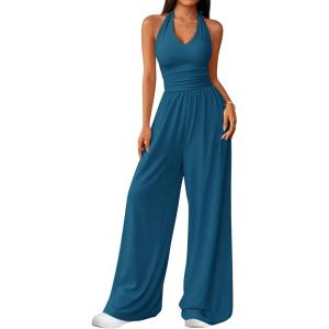 image:imageZESICA Womens Summer 2026 Sleeveless Halter Neck Jumpsuits One Piece Wide Leg Jumper Rompers Beach Vacation OutfitsBlue