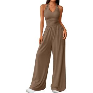 image:imageZESICA Womens Summer 2026 Sleeveless Halter Neck Jumpsuits One Piece Wide Leg Jumper Rompers Beach Vacation OutfitsBrown
