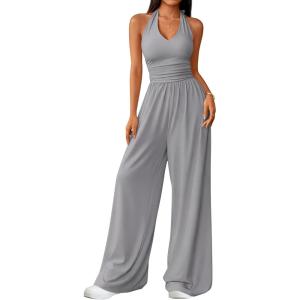 image:imageZESICA Womens Summer 2026 Sleeveless Halter Neck Jumpsuits One Piece Wide Leg Jumper Rompers Beach Vacation OutfitsGray