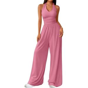 image:imageZESICA Womens Summer 2026 Sleeveless Halter Neck Jumpsuits One Piece Wide Leg Jumper Rompers Beach Vacation OutfitsPink