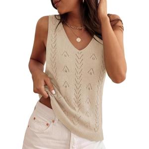 image:imageZESICA Womens Summer Crochet V Neck Tank Tops 2026 Sleeveless Knit Sweater Vest Going Out Beach Vacation ClothesApricot