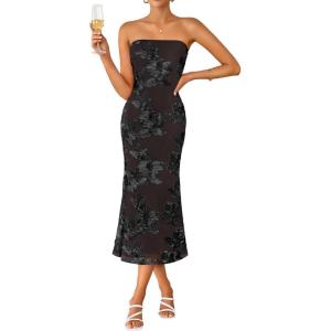 image:imageZESICA Womens Summer Strapless Floral Midi Dress 2026 Bodycon Mesh Tube Wedding Guest Cocktail Party Formal DressesTaupe