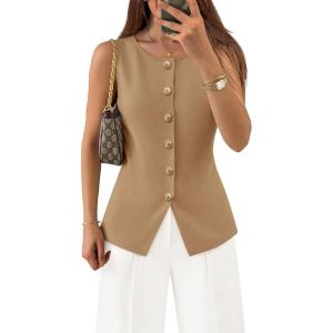 image:imageZESICA Business Casual Sweater Vest Tops for Women 2026 Summer Fashion Button Down Sleeveless Knit Office Work OutfitsKhaki