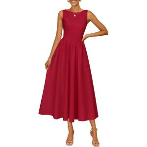 image:imageZESICA Womens Spring Sleeveless Cocktail Dresses 2026 Summer Crewneck Flowy Wedding Guest Party A Line Midi DressRed