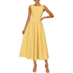 image:imageZESICA Womens Spring Sleeveless Cocktail Dresses 2026 Summer Crewneck Flowy Wedding Guest Party A Line Midi DressYellow