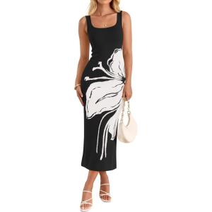 image:imageZESICA Womens Summer Floral Knitted Maxi Dress 2026 Spring Vacation Sleeveless Baby Shower Long Tank Bodycon Sweater DressesBlack