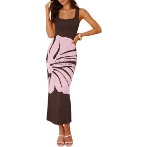 image:imageZESICA Womens Summer Floral Knitted Maxi Dress 2026 Spring Vacation Sleeveless Baby Shower Long Tank Bodycon Sweater DressesBrown