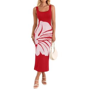 image:imageZESICA Womens Summer Floral Knitted Maxi Dress 2026 Spring Vacation Sleeveless Baby Shower Long Tank Bodycon Sweater DressesRed