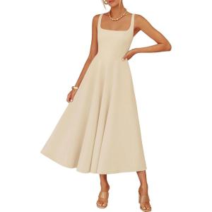 image:imageZESICA Womens Summer Sleeveless Midi Dress 2026 Square Neck Wedding Guest Beach Casual Flowy Long Dresses with PocketsApricot