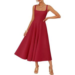 image:imageZESICA Womens Summer Sleeveless Midi Dress 2026 Square Neck Wedding Guest Beach Casual Flowy Long Dresses with PocketsRed
