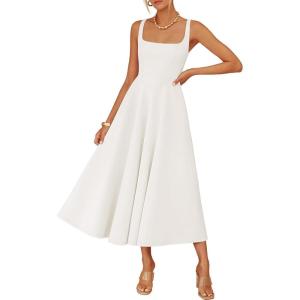 image:imageZESICA Womens Summer Sleeveless Midi Dress 2026 Square Neck Wedding Guest Beach Casual Flowy Long Dresses with PocketsWhite