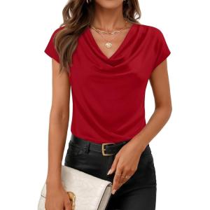 image:imageZESICA Womens Summer Short Sleeve Business Casual Tops 2026 Cowl Neck Knit Shirts Spring Work Dressy BlousesRed