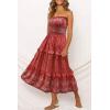 image:imageZESICA Womens Summer Boho Strapless Maxi Dress 2026 Casual Off Shoulder Smocked Flowy A Line Beach Holiday Long DressesRed