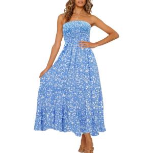 image:imageZESICA Womens Summer Boho Strapless Maxi Dress 2026 Casual Off Shoulder Smocked Flowy A Line Beach Holiday Long DressesBlue