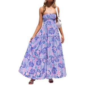 image:imageZESICA Womens Summer Boho Strapless Maxi Dress 2026 Casual Off Shoulder Smocked Flowy A Line Beach Holiday Long DressesBluishviolet