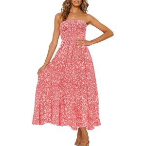 image:imageZESICA Womens Summer Boho Strapless Maxi Dress 2026 Casual Off Shoulder Smocked Flowy A Line Beach Holiday Long DressesCoralpink
