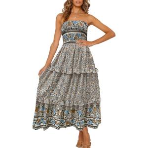 image:imageZESICA Womens Summer Boho Strapless Maxi Dress 2026 Casual Off Shoulder Smocked Flowy A Line Beach Holiday Long DressesCream