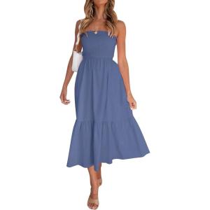 image:imageZESICA Womens Summer Boho Strapless Maxi Dress 2026 Casual Off Shoulder Smocked Flowy A Line Beach Holiday Long DressesDustyblue