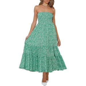 image:imageZESICA Womens Summer Boho Strapless Maxi Dress 2026 Casual Off Shoulder Smocked Flowy A Line Beach Holiday Long DressesGreen