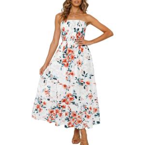 image:imageZESICA Womens Summer Boho Strapless Maxi Dress 2026 Casual Off Shoulder Smocked Flowy A Line Beach Holiday Long DressesIvory