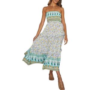 image:imageZESICA Womens Summer Boho Strapless Maxi Dress 2026 Casual Off Shoulder Smocked Flowy A Line Beach Holiday Long DressesLight Green