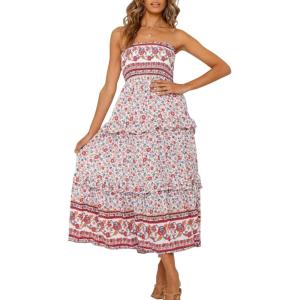 image:imageZESICA Womens Summer Boho Strapless Maxi Dress 2026 Casual Off Shoulder Smocked Flowy A Line Beach Holiday Long DressesPink