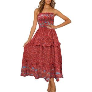 image:imageZESICA Womens Summer Boho Strapless Maxi Dress 2026 Casual Off Shoulder Smocked Flowy A Line Beach Holiday Long DressesRed
