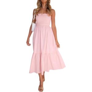 image:imageZESICA Womens Summer Boho Strapless Maxi Dress 2026 Casual Off Shoulder Smocked Flowy A Line Beach Holiday Long DressesSolid Blush Pink